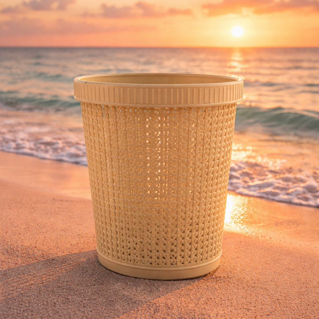 „Rattan-Style Round Waste Basket – Lidless Trash Bag Holder for Kitchen & Bedroom“